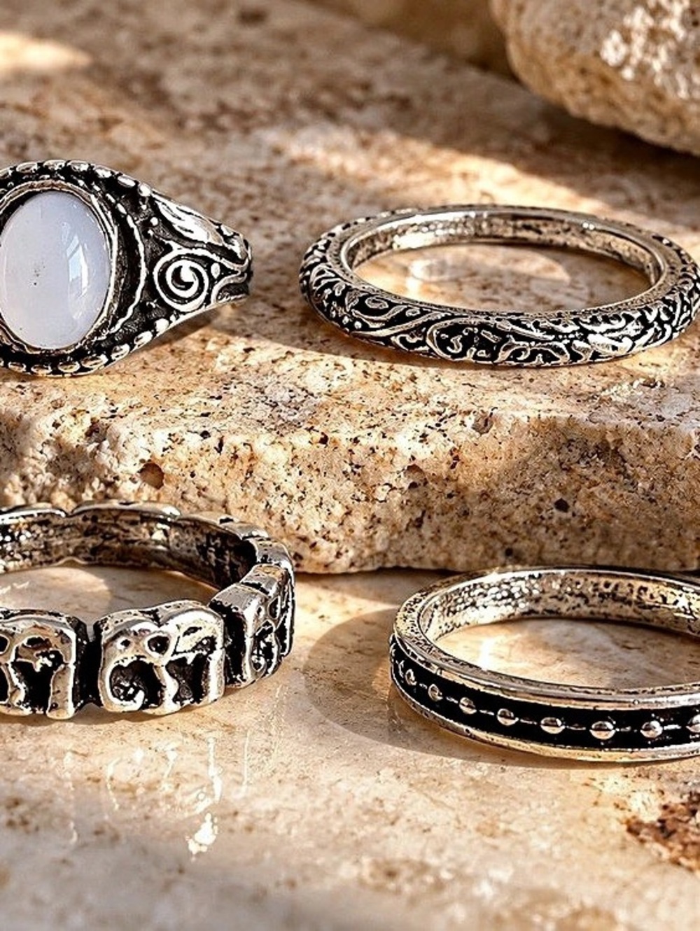 4 Rings Set Silver & Black Statement Ring Set